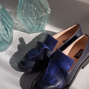 Classic leather loafer shoes women, dress shoes, flat slip on shoes, navy blue loafers, casual flats, unique custom made shoes women