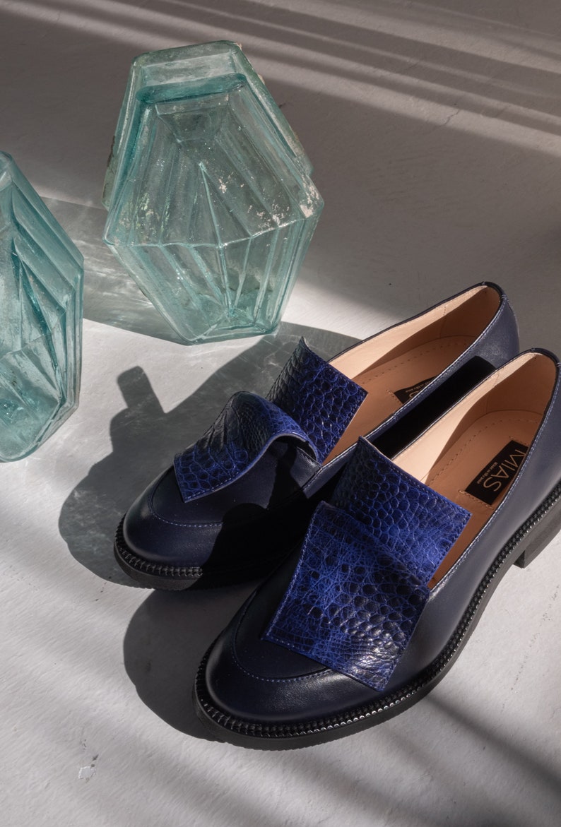 Classic leather loafer shoes women, dress shoes, flat slip on shoes, navy blue loafers, casual flats, unique custom made shoes women