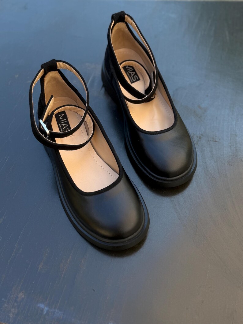 Women’s black leather and suede shoes, handmade ankle strap ballet shoes, casual Mary Jane shoes, closed round toe flats, formal shoes