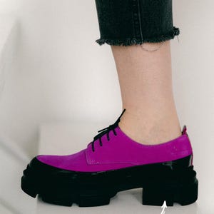 Women’s Leather Platform Shoes, Handmade Oxford Shoes, Color Block Suede Shoes, Office Shoes, Black and Pink Shoe, Tie Shoes, Wide Shoes