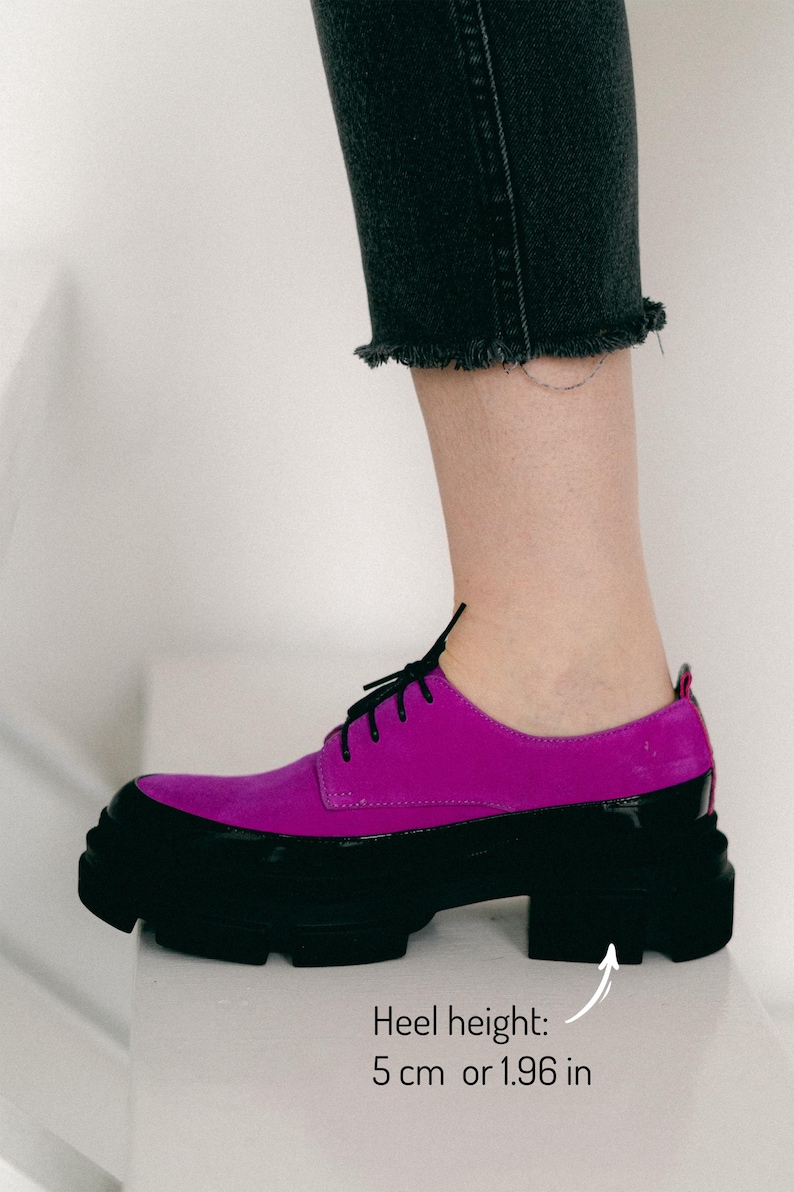 Women’s Leather Platform Shoes, Handmade Oxford Shoes, Color Block Suede Shoes, Office Shoes, Black and Pink Shoe, Tie Shoes, Wide Shoes