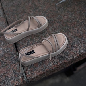 Women’s Beige Leather Sandals, Soft Shoes, Summer Flats, Ankle Strap Sandals, Flat Platform Sandals, Greek Sandal, Strappy Sandals