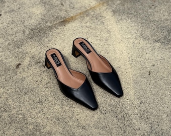 Handmade Black Leather Mules, Low Kitten Heel Shoes, Fashion Heeled Shoes, Open Heel Shoes, Pointed Toe Mules, Leather Slippers for Women