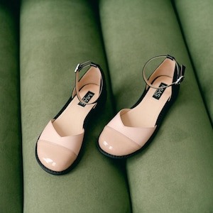 Womens barefoot sandals, black flat shoes, leather ballet flats, Mary Janes genuine leather shoe, barefoot summer flat sandals