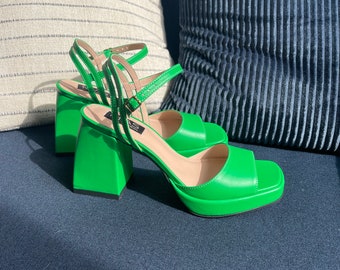 Miley - Genuine Leather Sandals, Block Heel Shoes, Open Toe Silhouette, Bright Green Pumps, Summer Shoes, Wedding Shoes, Dress Pumps