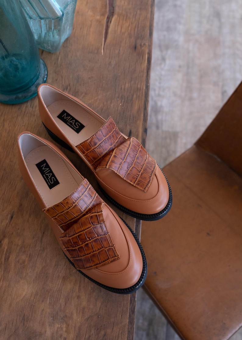 Classic leather loafer shoes women, dress shoes, flat slip on shoes, brown loafers, casual flats, unique custom made shoes women