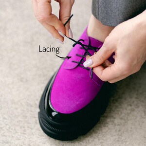 Women’s Leather Platform Shoes, Handmade Oxford Shoes, Color Block Suede Shoes, Office Shoes, Black and Pink Shoe, Tie Shoes, Wide Shoes