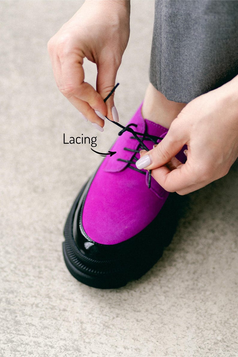 Women’s Leather Platform Shoes, Handmade Oxford Shoes, Color Block Suede Shoes, Office Shoes, Black and Pink Shoe, Tie Shoes, Wide Shoes