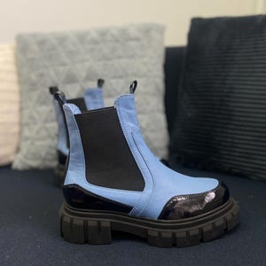 Women&#39;s Chelsea Boots, Genuine Leather Ankle Boots, Chunky Platform Fall Shoes, Handmade Slip On Boots, Blue Leather Boots, Fashion Boots
