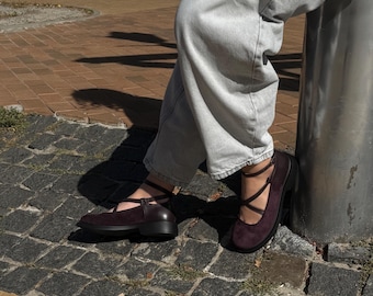 Handmade burgundy suede flat Mary Jane shoes for women, purple leather shoes, ankle strap ballet shoes, round toe flats, soft leather shoes