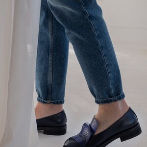 Classic leather loafer shoes women, dress shoes, flat slip on shoes, navy blue loafers, casual flats, unique custom made shoes women