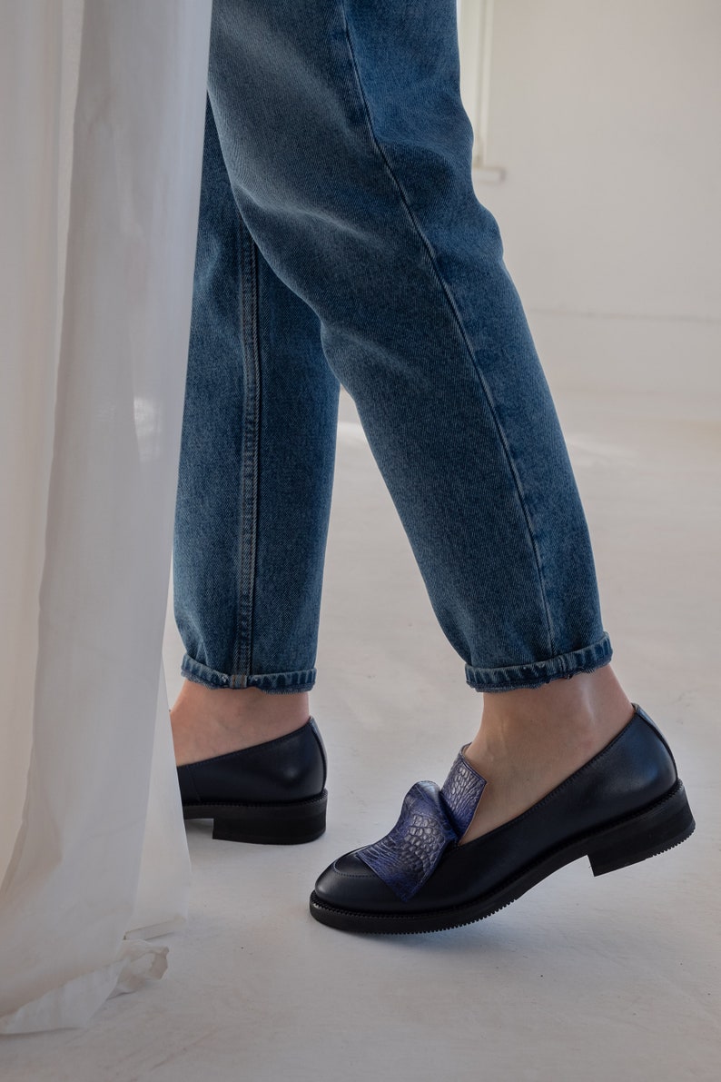Classic leather loafer shoes women, dress shoes, flat slip on shoes, navy blue loafers, casual flats, unique custom made shoes women