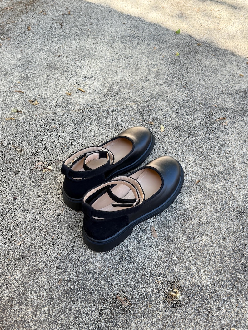 Women’s black leather and suede shoes, handmade ankle strap ballet shoes, casual Mary Jane shoes, closed round toe flats, formal shoes