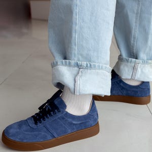 Women’s soft leather sneakers, blue suede trainers,  platform sneakers, wide fit shoes, custom made shoes, retro sneakers, walking shoes