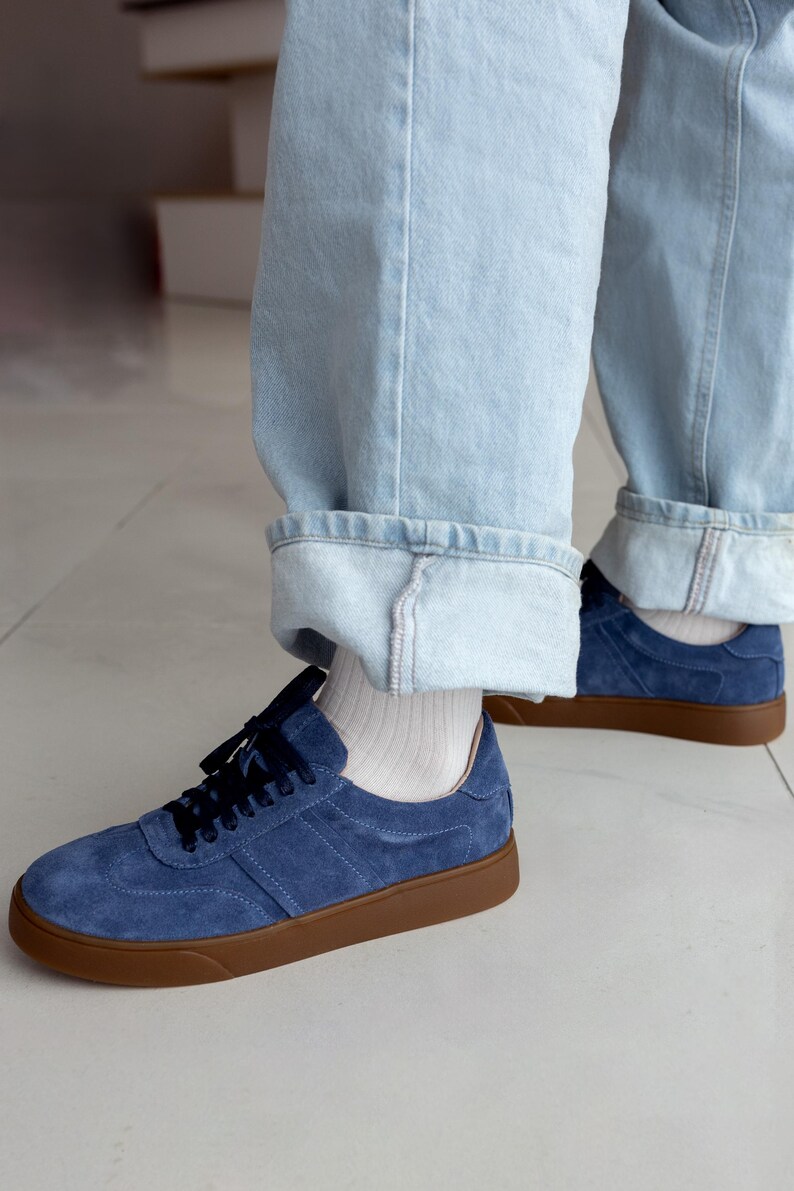 Women’s soft leather sneakers, blue suede trainers,  platform sneakers, wide fit shoes, custom made shoes, retro sneakers, walking shoes