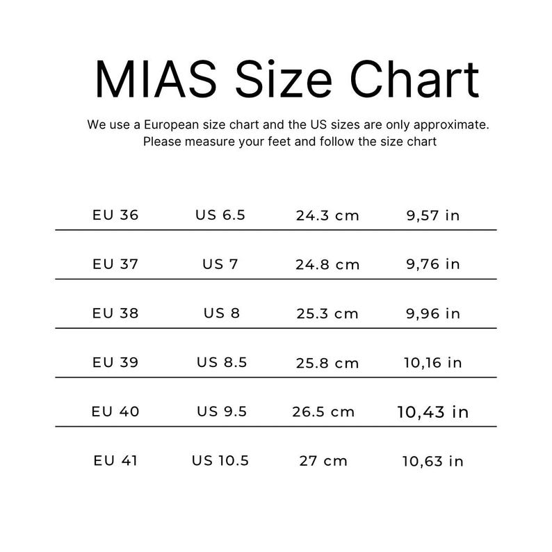 May include: A shoe size chart showing European shoe sizes (EU) and corresponding US shoe sizes, along with the equivalent measurements in centimetres (cm) and inches (in).