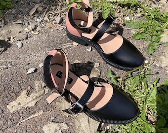 Ankle strap sandals, black leather flat shoes, summer color block flat shoes, closed toe shoes, women walking shoes, custom wide fit flats