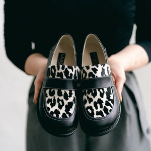 Womens barefoot loafer shoes, calfskin fur loafers, wide fit shoes, black shoes, animal print leather shoes, ladies dress shoes