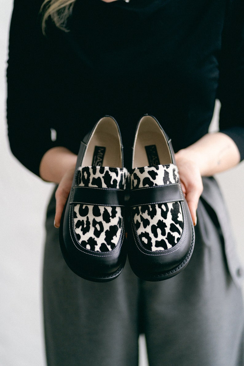 Womens barefoot loafer shoes, calfskin fur loafers, wide fit shoes, black shoes, animal print leather shoes, ladies dress shoes