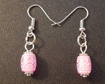 Pink acrylic funky beaded drop dangle earrings with silver detail