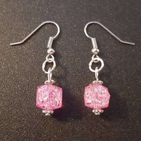 Pink cubed acrylic beaded drop dangle earrings with silver detail