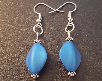 Peacock blue acrylic beaded drop dangle earrings with silver detail