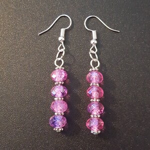 Fuchsia & purple glass crystal beaded drop dangle earrings with silver detail
