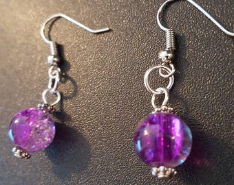 Verre craquelé violet et transparent perles Boucles d’oreilles avec détail en argent