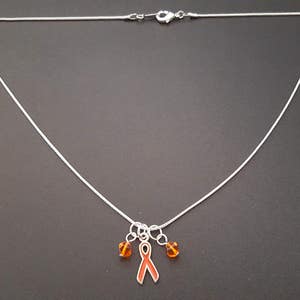 May include: A silver chain necklace with an orange ribbon charm and two orange glass beads.