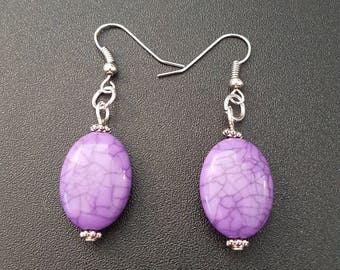 Goutte perles craquelé violet boucles d’oreilles avec détail en argent