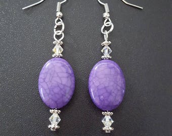 Goutte perles craquelé violet boucles d’oreilles avec des cristaux de détail & swarvoski argent