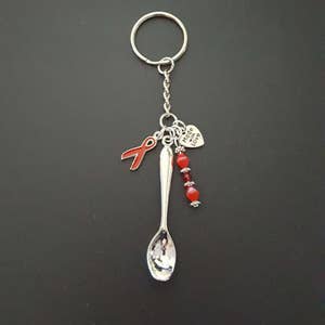 Red Spoonie support ribbon keychain - Awareness - AIDS/HIV, MADD, Heart disease, Congestive Heart Failure, Stroke, Hypertension, Vasculitis