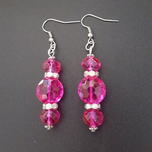 Fuchsia Pink crystal beaded drop dangle earrings with silver detail
