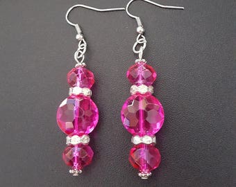 Fuchsia Pink crystal beaded drop dangle earrings with silver detail