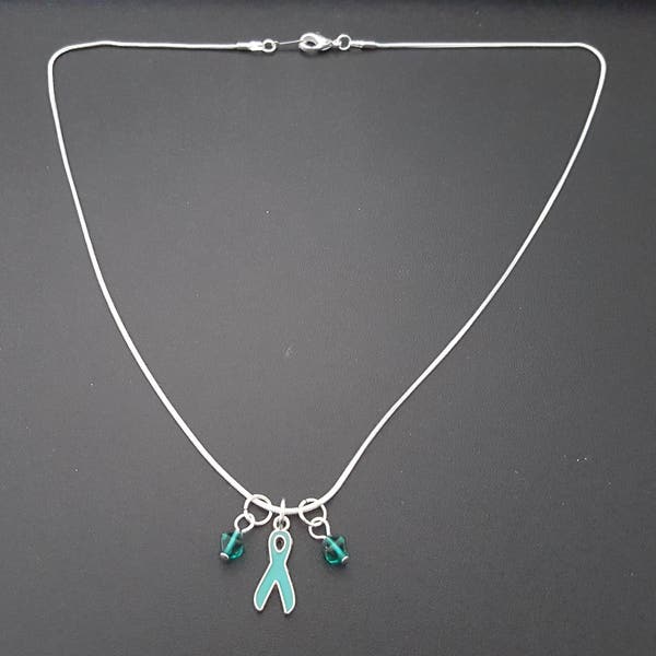 Teal support ribbon necklace - Awareness Panic disorders, PTSD, OCD, Tourette's, Ovarian & Cervical, substance abuse, PCOS and more