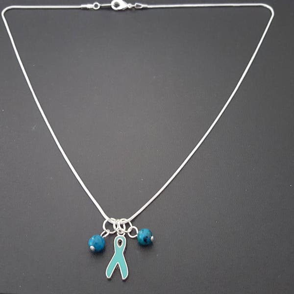 Teal support ribbon necklace - Awareness Panic disorders, PTSD, OCD, Tourette's, Ovarian & Cervical, substance abuse, PCOS and more