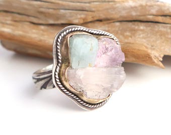 Anillo de Kunzita y Aguamarina en Bruto – Oro de 14k, Plata de Ley, Talla 7