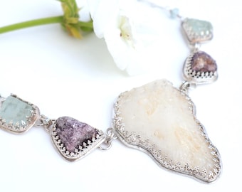 Collar Joyas de la Corona II: Cuarzo en bruto, lepidolita y aguamarina en plata de ley