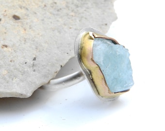 Aguamarina cruda en relleno de oro de 14k y plata de ley - Tamaño 7