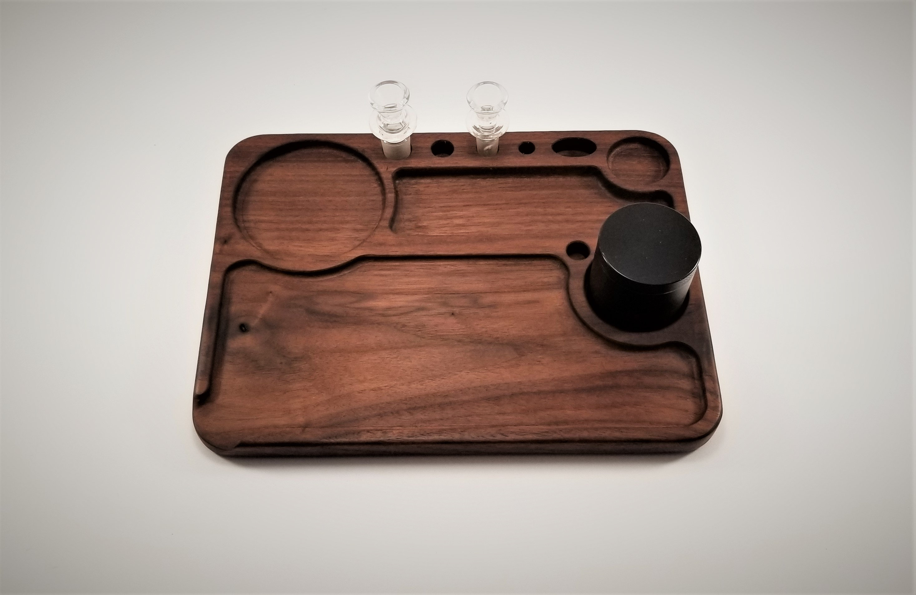 Wood Rolling Tray With Holes for Tools and Grinders Walnut, Maple