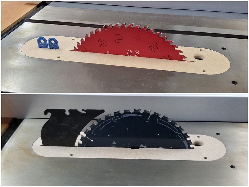 May include: Two different saw blades are shown in a table saw. The top blade is red and the bottom blade is black. Both blades are partially inserted into the table saw.
