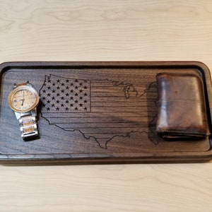 Large Valet Tray / Catchall Tray / Dump Tray Desk Organizer made from wood with American Flag inside of US Outline