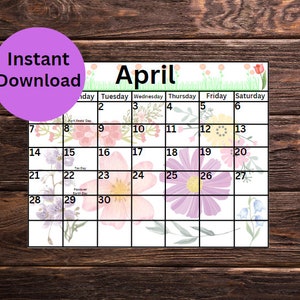 Printable April Calendar, Printable Flower Calendar, Homeschool Planner Calendar, Printable Spring Calendar, Kid's Floral Calendar image 2