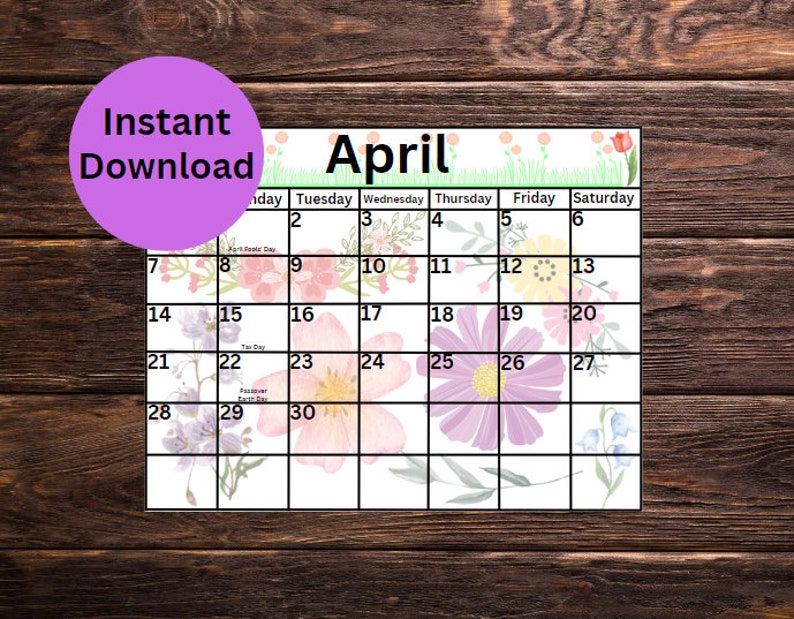 Printable April Calendar, Printable Flower Calendar, Homeschool Planner Calendar, Printable Spring Calendar, Kid's Floral Calendar image 2