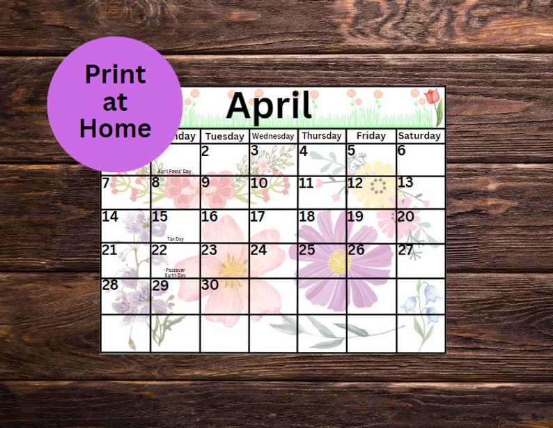 Printable April Calendar, Printable Flower Calendar, Homeschool Planner Calendar, Printable Spring Calendar, Kid's Floral Calendar image 4