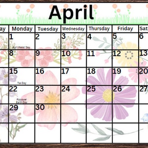 Printable April Calendar, Printable Flower Calendar, Homeschool Planner Calendar, Printable Spring Calendar, Kid's Floral Calendar image 5