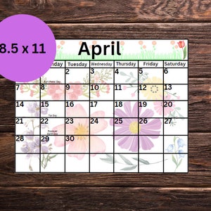 Printable April Calendar, Printable Flower Calendar, Homeschool Planner Calendar, Printable Spring Calendar, Kid's Floral Calendar image 3