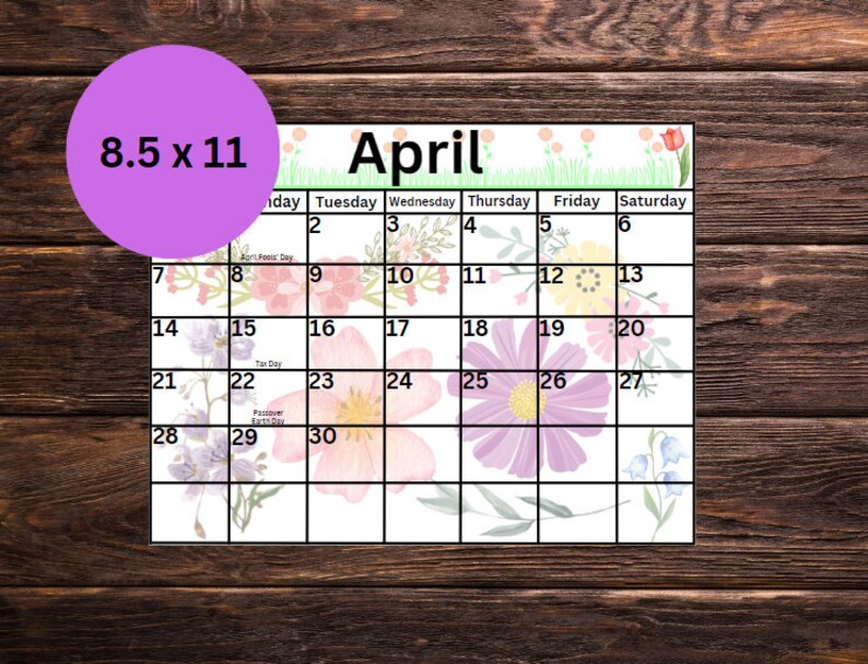 Printable April Calendar, Printable Flower Calendar, Homeschool Planner Calendar, Printable Spring Calendar, Kid's Floral Calendar image 3