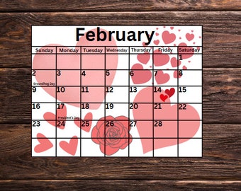 Printable February Calendar, Printable Valentine's Day Calendar, Homeschool Planner Calendar, Colorful Printable Calendar, Kid's Calendar
