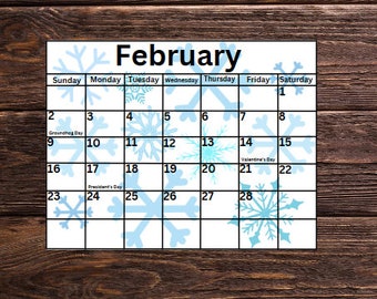 Printable February Calendar, Printable Snowflake Calendar, Homeschool Planner Calendar,  Printable Winter Calendar, Kid's Calendar